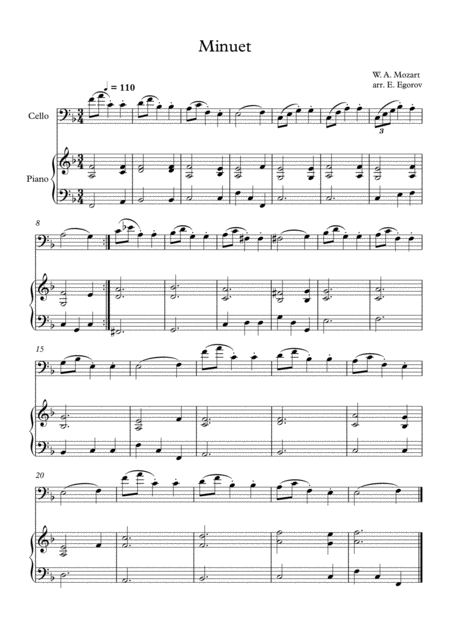 Minuet In F Major Wolfgang Amadeus Mozart For Cello Piano Sheet Music