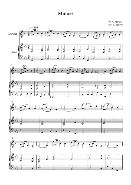 Minuet In F Major Wolfgang Amadeus Mozart For Clarinet Piano Sheet Music