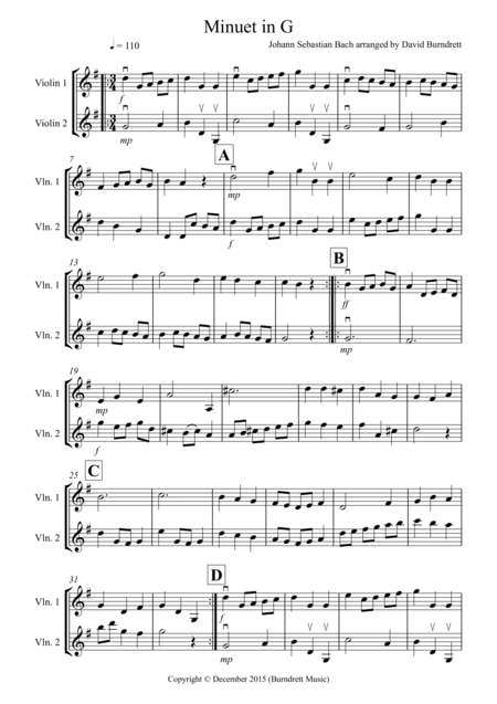 Minuet In G By Bach For Violin Duet Sheet Music