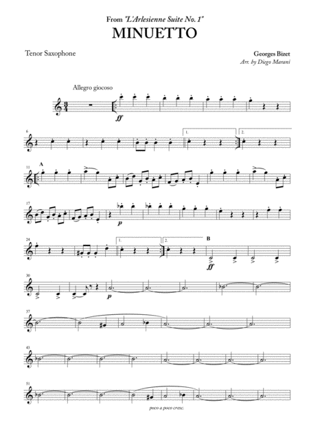 Free Sheet Music Minuetto From L Arlesienne Suite No 1 For Saxophone Quartet