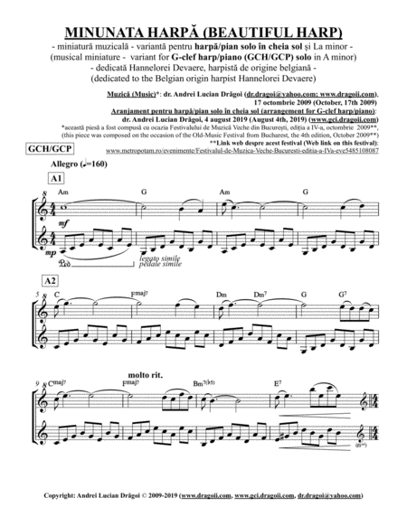 Minunata Harp Beautiful Harp Musical Miniature Variant For G Clef Harp Piano Gch Gcp Solo In A Minor Sheet Music