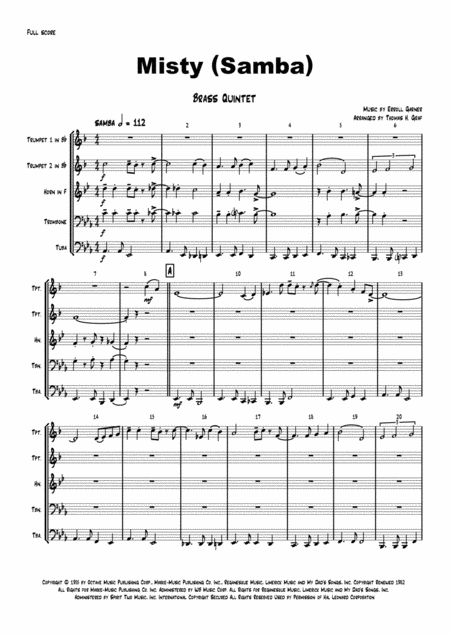 Misty Eroll Garner Samba Brass Quintet Sheet Music