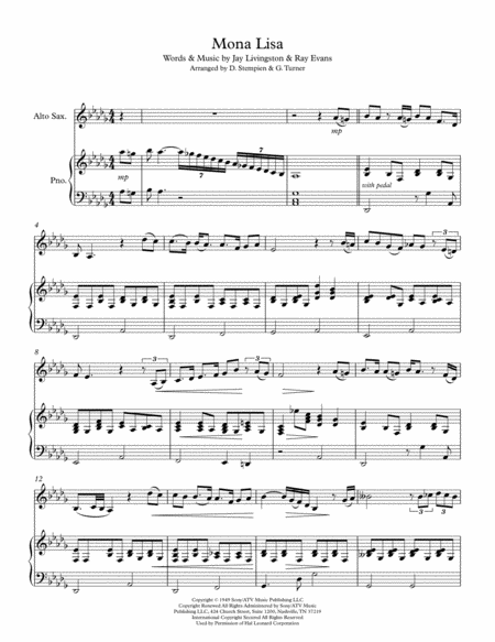 Free Sheet Music Mona Lisa For Alto Sax Solo With Piano Accompaniment Nat King Cole