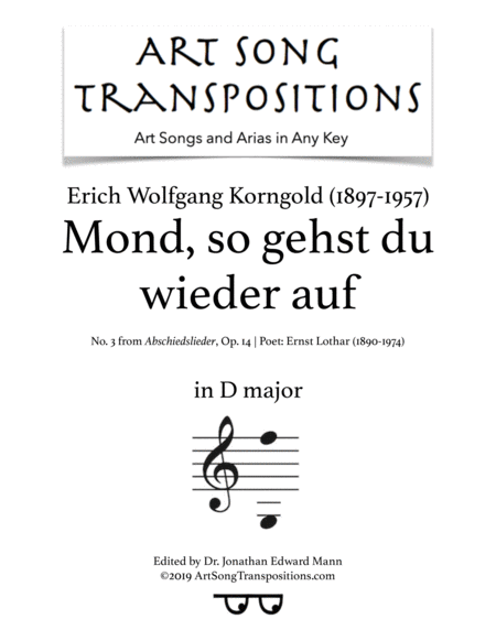 Mond So Gehst Du Wieder Auf Op 14 No 3 Transposed To D Major Sheet Music