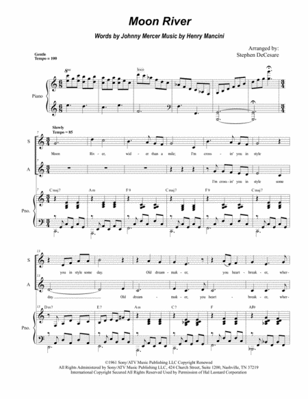 Free Sheet Music Moon River For 2 Part Choir Sa