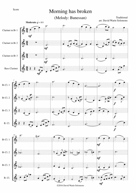 Morning Has Broken Bunessan For Clarinet Quartet 3 B Flats And 1 Bass Sheet Music