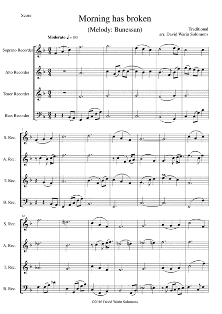 Morning Has Broken Bunessan For Recorder Quartet Sheet Music