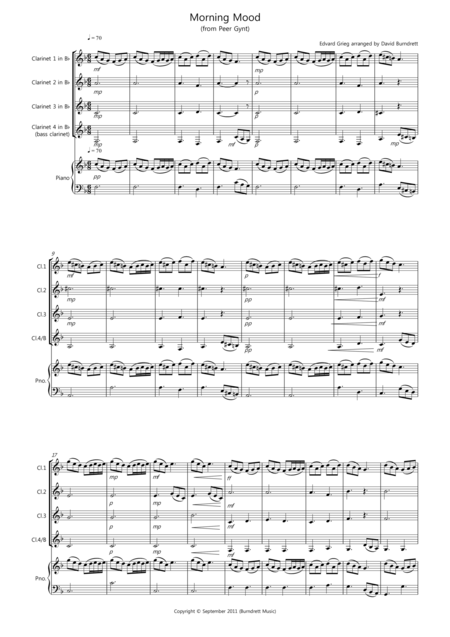 Free Sheet Music Morning Mood From Peer Gynt For Clarinet Quartet