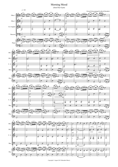 Morning Mood From Peer Gynt For Double Reed Quartet Sheet Music