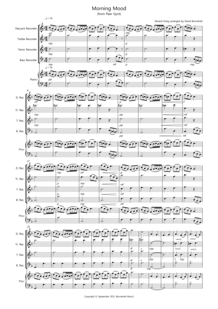 Morning Mood From Peer Gynt For Recorder Quartet Sheet Music