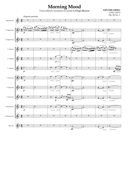 Morning Mood From Peer Gynt Suite For Saxophone Ensemble Sheet Music