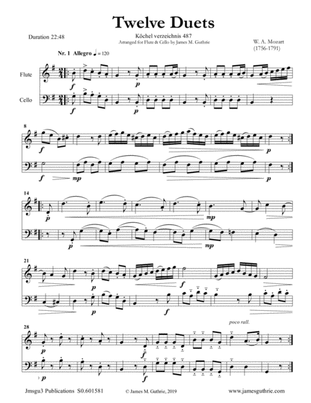 Mozart 12 Duets K 487 For Flute Cello Sheet Music