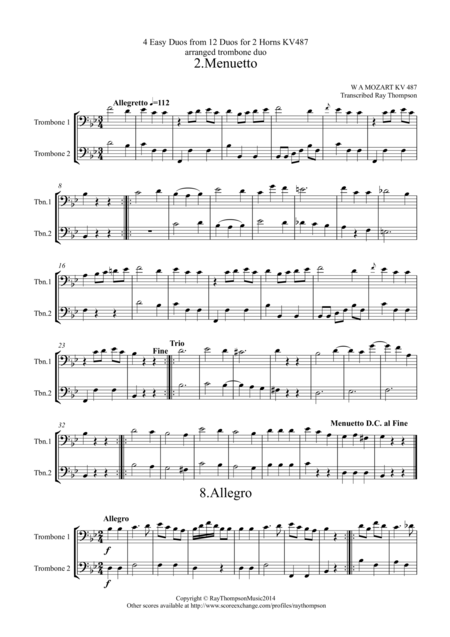 Mozart 4 Easy Duos From 12 Duos For Horn Kv487 2 Menuetto 8 Allegro 10 Andante And 11 Menuetto Trio Trombone Duet Sheet Music