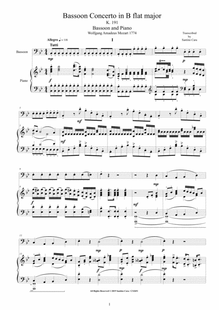 Mozart Bassoon Concerto In B Flat Major K 191 For Bassoon And Piano Score And Part Sheet Music