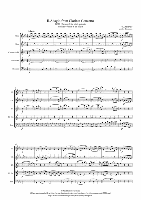 Free Sheet Music Mozart Clarinet Concerto K622 Mvt Ii Adagio Transposed Into Eb Wind Quintet Clarinet Feature