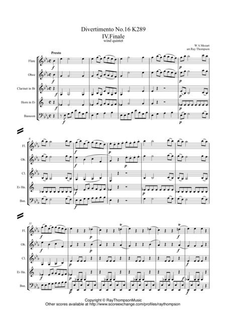 Mozart Divertimento No 16 In Eb K289 Mvt Iv Finale Presto Wind Quintet Sheet Music