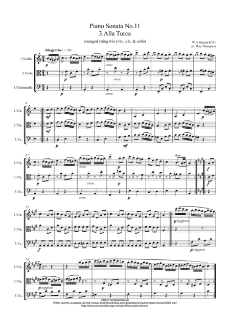 Free Sheet Music Mozart Piano Sonata No 11 In A K331 Mvt Iii Rondo Alla Turca Turkish March String Trio