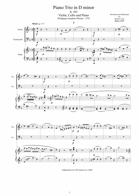 Free Sheet Music Mozart Piano Trio In D Minor K 442 For Violin Cello And Piano Score And Parts