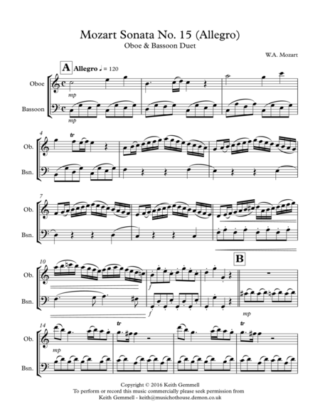 Mozart Sonata No 15 Allegro Oboe Bassoon Duet Sheet Music