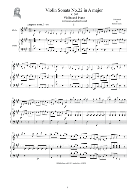 Mozart Violin Sonata No 22 In A Major K 305 For Violin And Piano Score And Part Sheet Music