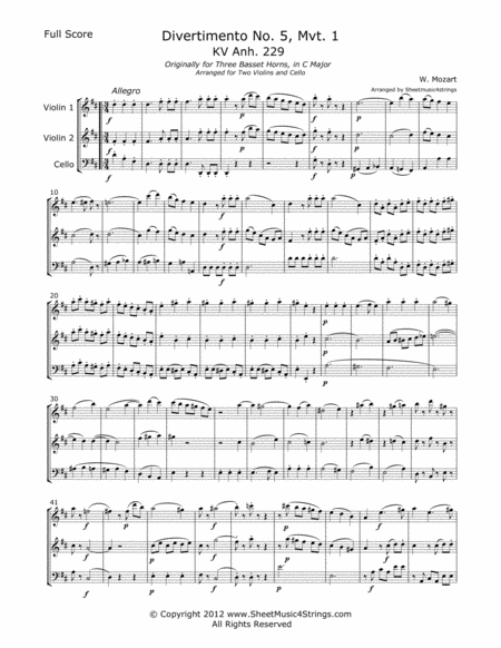 Mozart W Divertimento No 5 Mvt 1 For Two Violins And Cello Sheet Music