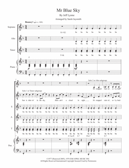 Free Sheet Music Mr Blue Sky Satb With Divisi By Electric Light Orchestra Elo Arranged By Sarah Jaysmith
