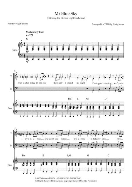 Mr Blue Sky Ttbb And Piano Sheet Music