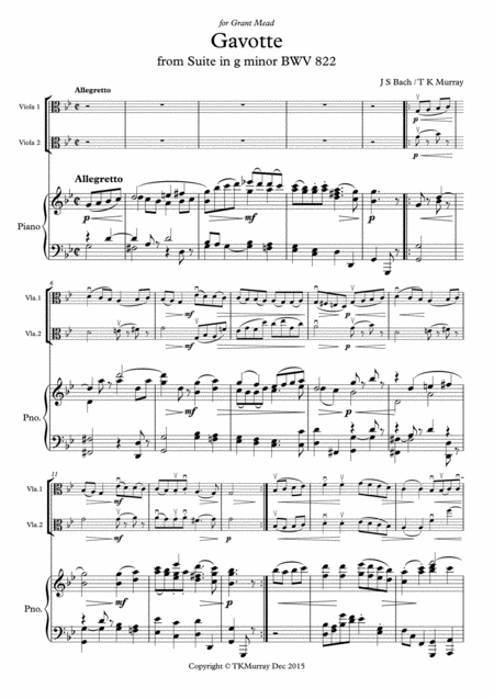 Murray Bach Gavotte In G Minor 2nd Viola Part New Piano Part Suzuki Bk 3 Sheet Music