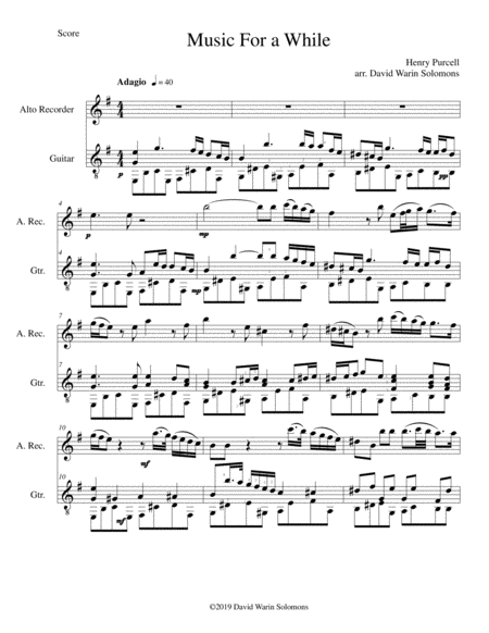 Music For A While For Alto Recorder And Guitar Sheet Music