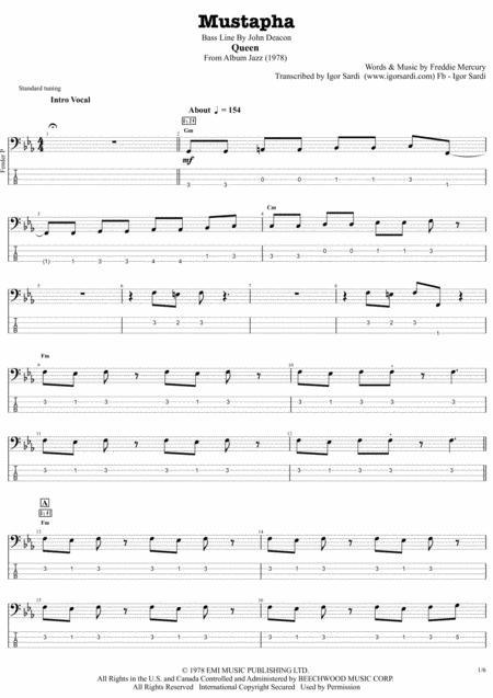 Mustapha Queen John Deacon Complete And Accurate Bass Transcription Whit Tab Sheet Music