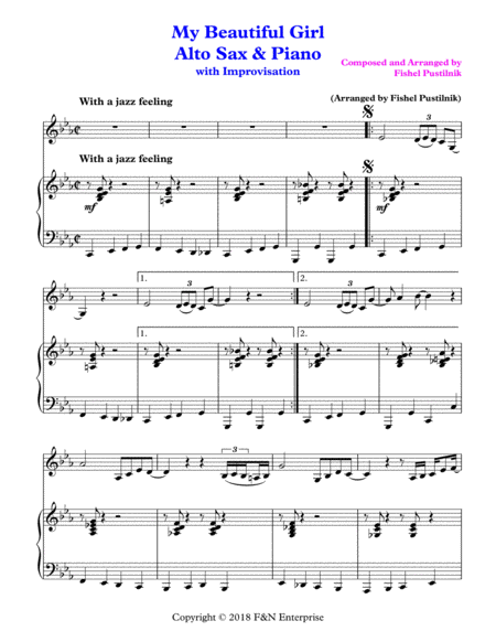 Free Sheet Music My Beautiful Girl Piano Background For Alto Sax And Piano With Improvisation Video