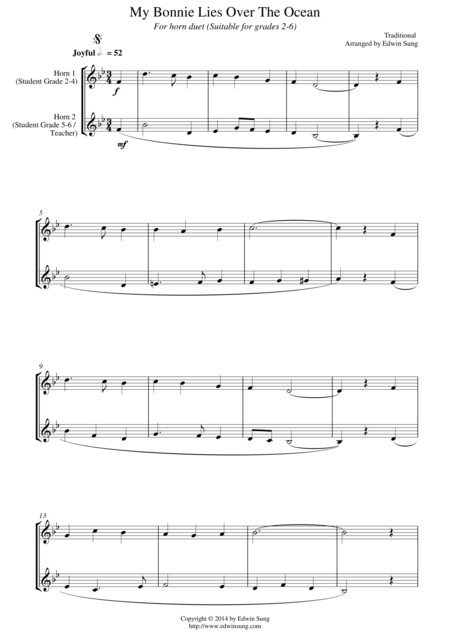 My Bonnie Lies Over The Ocean For Horn Duet Suitable For Grades 2 6 Sheet Music