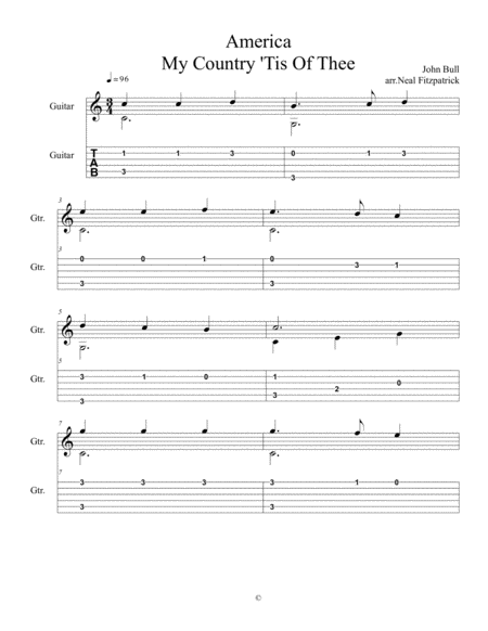 Free Sheet Music My Country Tis Of Thee America For Beginner Guitar