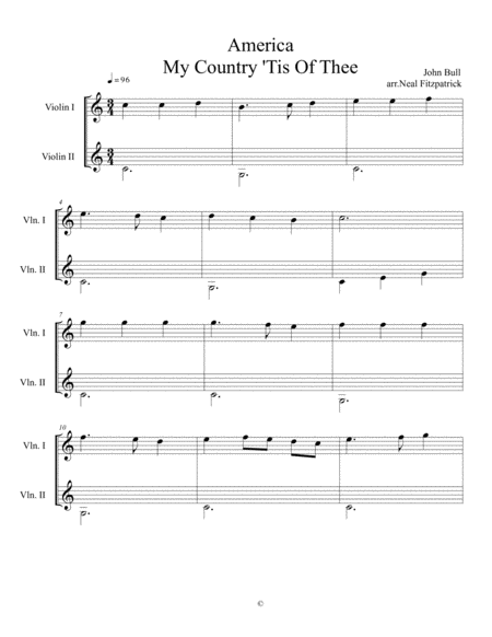 My Country Tis Of Thee America For Two Violins Sheet Music