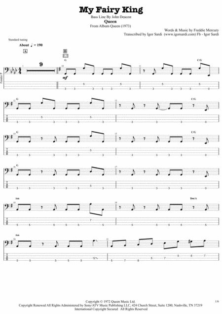 My Fairy King Queen John Deacon Complete And Accurate Bass Transcription Whit Tab Sheet Music