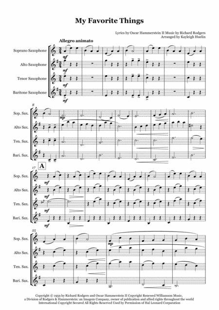 My Favorite Things From The Sound Of Music Saxophone Quartet Satb Sheet Music