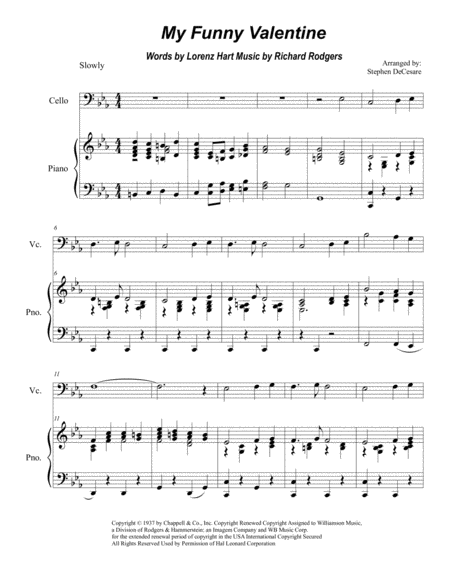 Free Sheet Music My Funny Valentine For Cello Solo