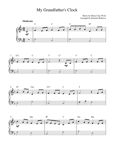 Free Sheet Music My Grandfathers Clock Easy Piano Solo With Chords