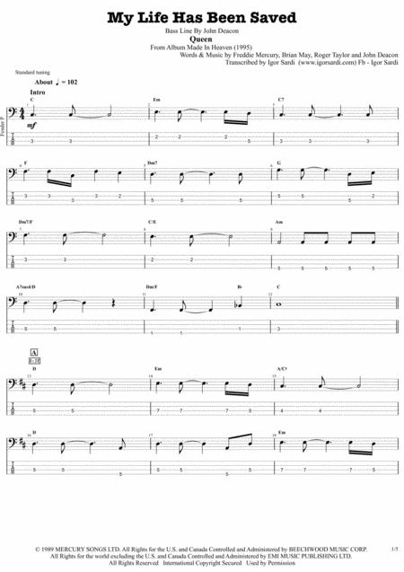 My Life Has Been Saved Queen John Deacon Complete And Accurate Bass Transcription Whit Tab Sheet Music