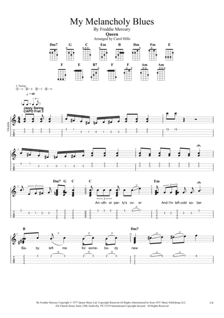 My Melancholy Blues By Queen Ukulele Chord Melody Solo With Tab Sheet Music