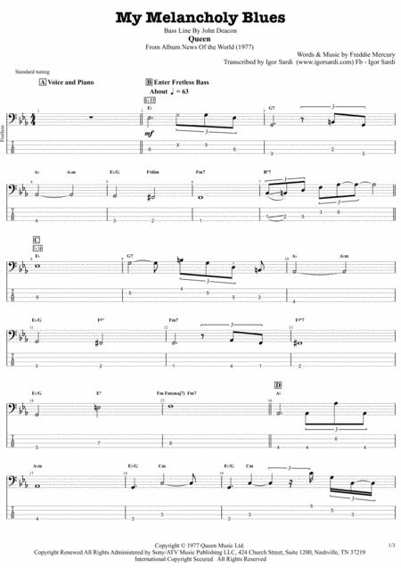 Free Sheet Music My Melancholy Blues Queen John Deacon Complete And Accurate Bass Transcription Whit Tab