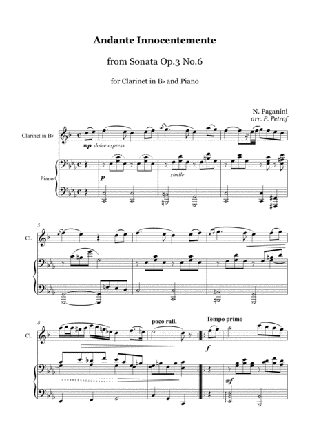 Free Sheet Music N Paganini Andante Innocentemente From Sonata Op 3 No 6 Clarinet In Bb And Piano