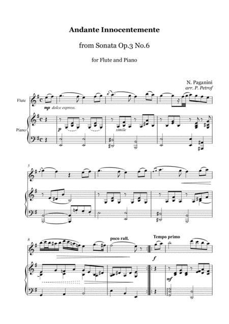 N Paganini Andante Innocentemente From Sonata Op 3 No 6 Flute And Piano Sheet Music