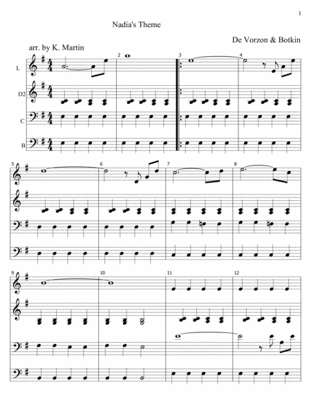 Nadias Theme For 4 Part Steel Band Sheet Music