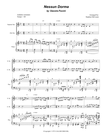 Nessun Dorma Duet For Soprano And Alto Saxophone Sheet Music