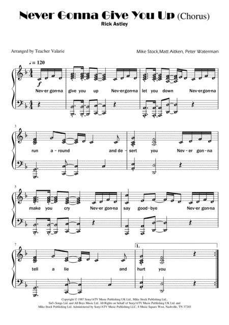 Free Sheet Music Never Gonna Give You Up Chorus Only A Rick Roll Piano Solo With Note Names