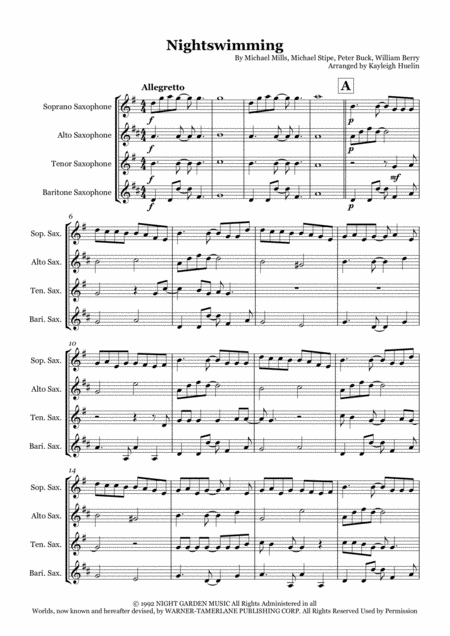 Nightswimming By R E M Saxophone Quartet Satb Sheet Music