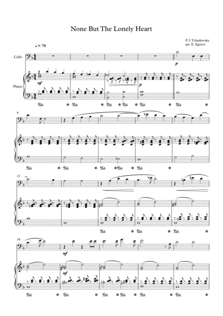 None But The Lonely Heart Peter Ilyich Tchaikovsky For Cello Piano Sheet Music