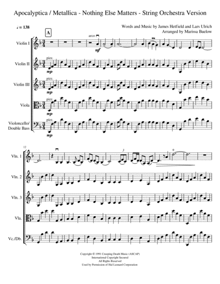 Nothing Else Matters Apocalyptica Metallica For Violin Quintet Full Score And Parts Sheet Music