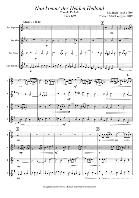 Nun Komm Der Heiden Heiland Bwv 659 Bach Chorale Prelude Saxophone Quartet Sheet Music